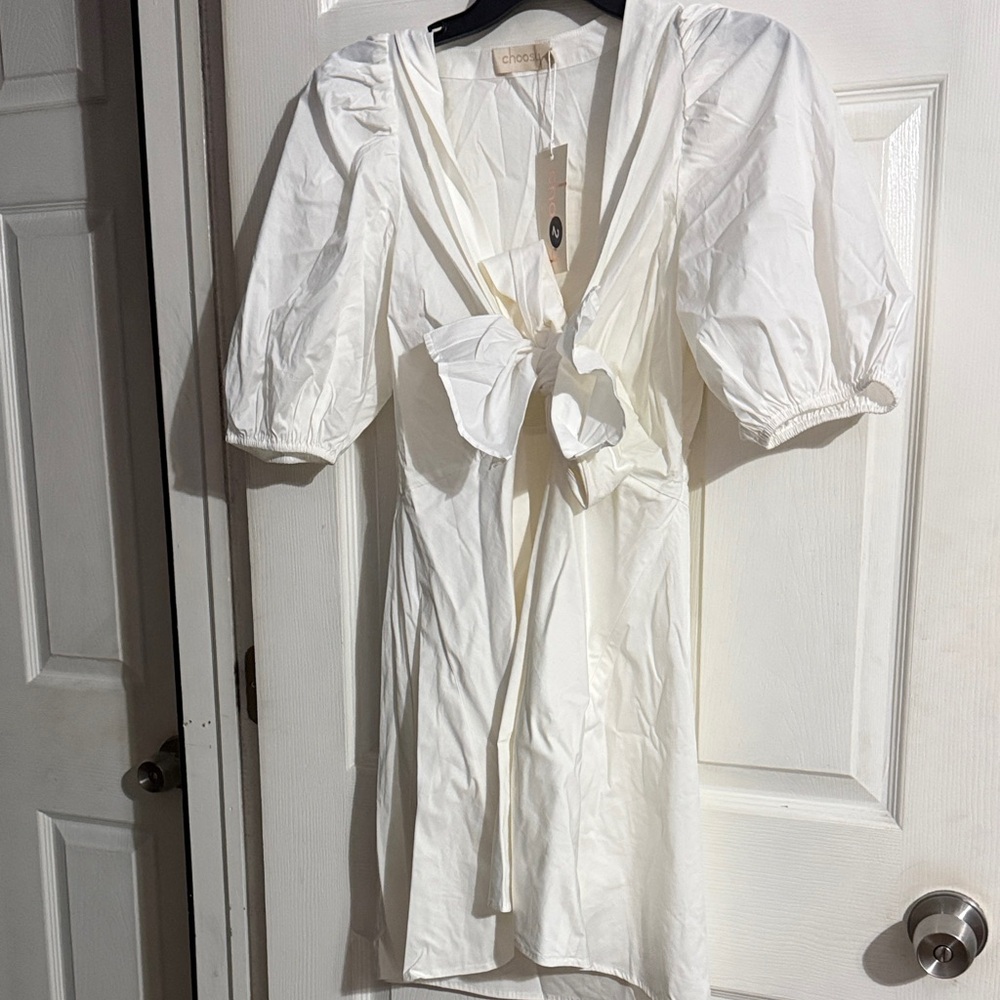 Elegant White Puff Sleeve Midi Dress